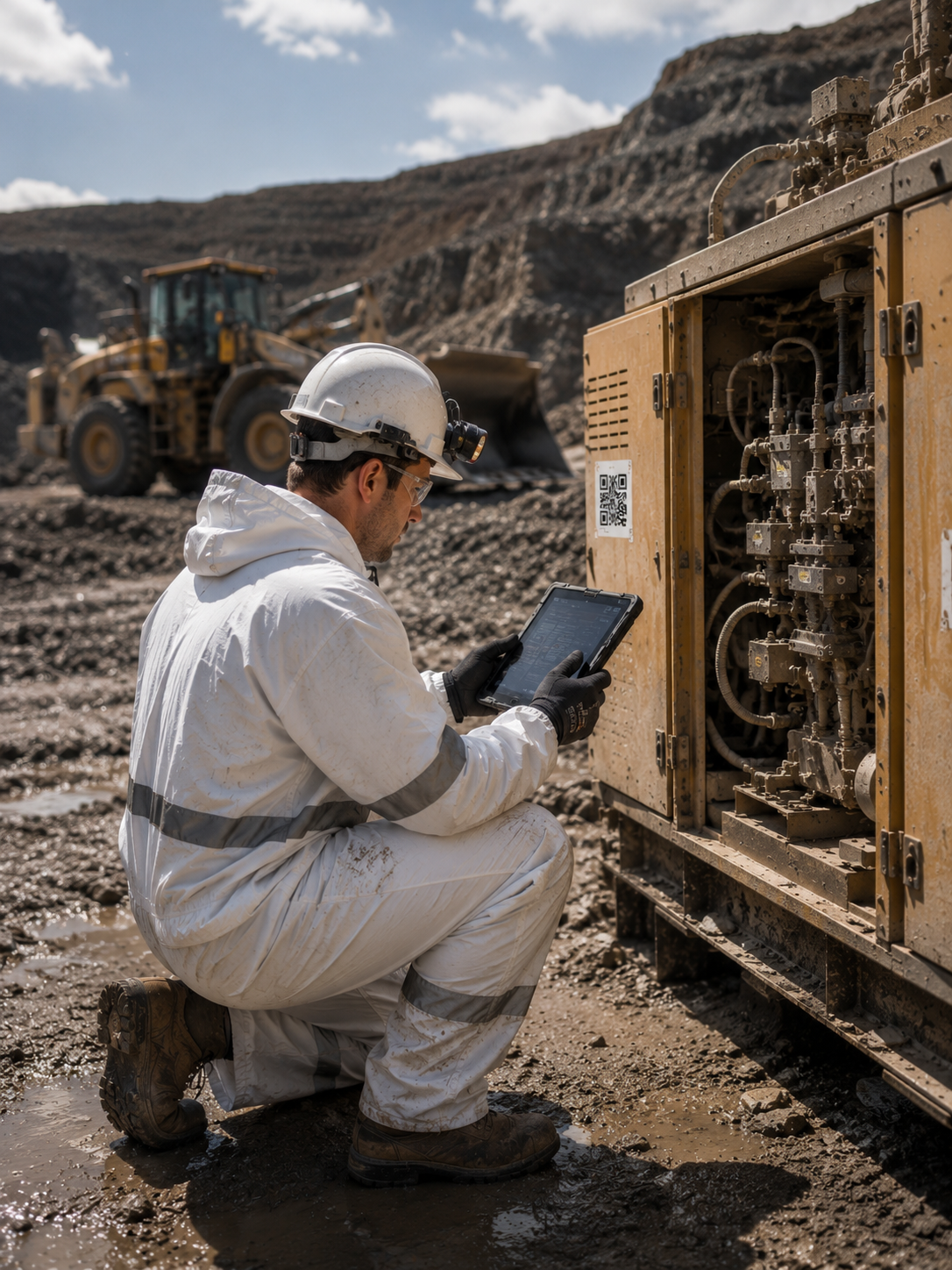 Mine machine service technician using app